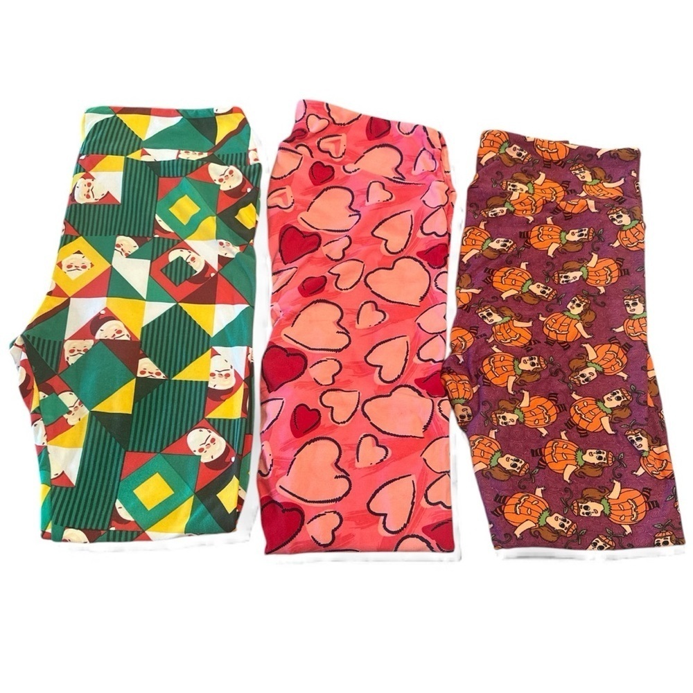 Lularoe Leggings Bundle Of Three Size Tall & Curvy Christmas Halloween Hearts